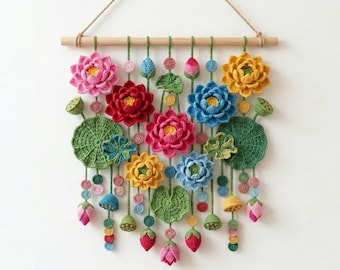 Crochet Hanging Lotus BOHO | Macrame Flower Art, Mother Day Gift, Flower Meadow Tapestry, Boho Cottage Room Decor