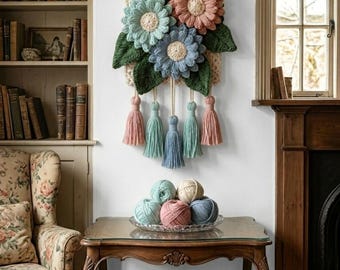 Crochet Flower Wall Hanging, Cottagecore Floral Decor, Handmade Boho Wall Art, Pastel Flower Tapestry, Crochet Home Decor