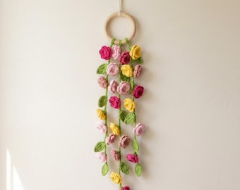 Crochet Flower Wall Hanging | Rose or Lavender Floral Vine | Cottagecore Wall Decor | Handmade Botanical Yarn Art | Boho Nursery Decor