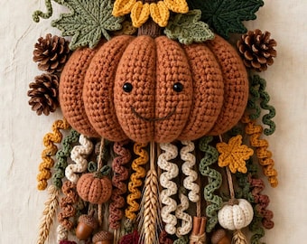 Crochet Pumpkin Wall Hanging, Fall Door Decor, Autumn Pumpkin Decor, Handmade Thanksgiving Wall Art, Rustic Farmhouse Fall Decor