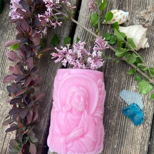 Pink Jesus Candle: Rose Scented Soy Wax Statue, Christian Home Decor