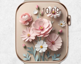 3D Floral Apple Watch Wallpaper: Pastel Paper Flowers (PNG & JPG Digital Download