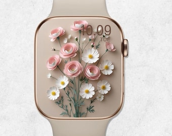 3D Floral Apple Watch Wallpaper: Pastel Paper Flowers (PNG & JPG Digital Download