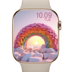 Könnte beinhalten: Eine beige Smartwatch mit goldfarbenem Rahmen und digitalem Display. Der Bildschirm zeigt einen bunten Regenbogenbogen über einer Landschaft mit Datum und Wochentag. Das Armband der Uhr hat eine passende beige Farbe.