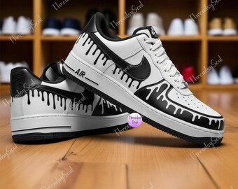 Nike Air Force 1 Low Black Concrete Grey Paint Drip Custom NWT