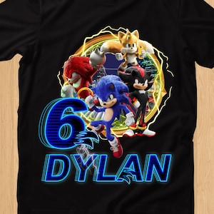 Benutzerdefinierte Sonic the Hedgehog Geburtstags-Shirt, Sonic-Shirt, personalisiert für Jungen, Mädchen, Kinderparty-Shirt, Familien-passendes Outfit