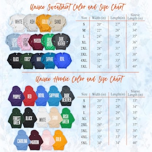 Puede incluir: Tabla de colores y tallas para sudaderas y sudaderas con capucha unisex. La tabla muestra varios colores, incluyendo blanco, negro y dorado. Las medidas est&aacute;n en pulgadas para ancho, largo y largo de manga, desde la talla S hasta la 5XL, con equivalentes en cm.