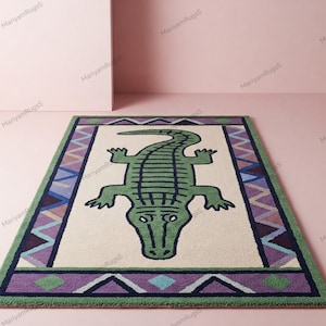 Crocodile Rug for Kids – Playful Animal Area Rug, Hand-Tufted Wool Carpet, Green Alligator Design, Jungle Theme Nursery or Playroom Decor