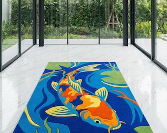 Goldener Koi Handgetufteter Wollteppich Japanischer Fischteich Kunst Modernes Wohndekor