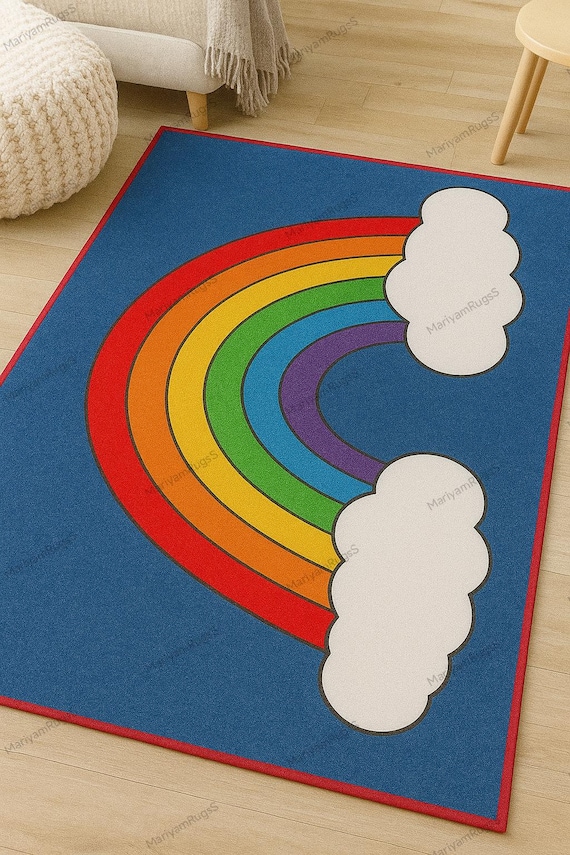 Rainbow Kids Rug – Colorful Playroom Rug With Clouds – Soft Non