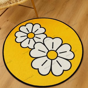 Round Daisy Rug – Retro Yellow Flower Rug, Cute Boho Accent Mat for Bedroom, Nursery, or Entryway | Mod Floral Circle Carpet