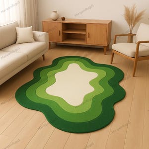 Mossy Meadow Organic Rug – Hand-Tufted Green Area Carpet, Layered Wavy Design, Custom Sizes, Cozy Minimalist & Mid-Century Décor