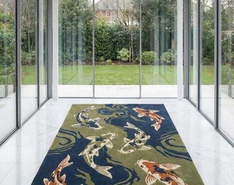 Alfombra de lana tejida a mano con diseño de peces japoneses, decoración moderna para entrada