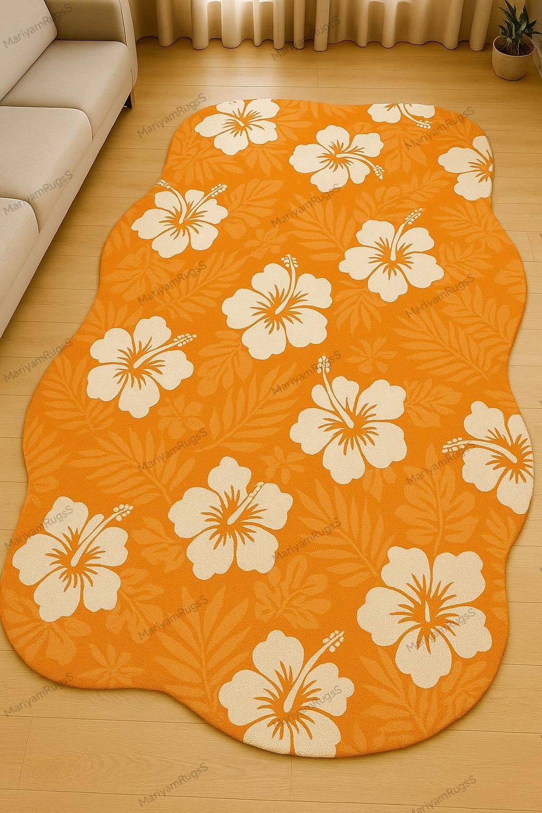 Hibiscus Rug Orange Hibiscus Rug - Wavy Edge Tropical Flower Carpet | Hawaiian Boho ...