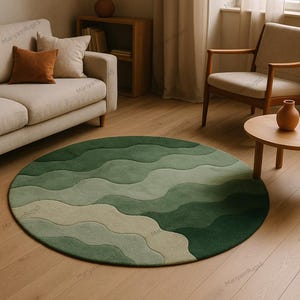 Round Green Abstract Rug – Nature-Inspired Modern Area Carpet, Custom Size Living Room Decor, Wavy Organic Design, Unique Minimalist Home