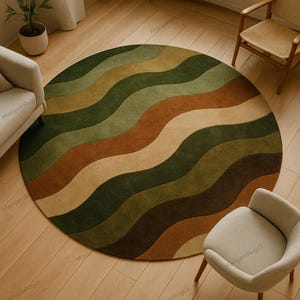 Round Green Abstract Rug – Nature-Inspired Modern Area Carpet, Custom Size Living Room Decor, Wavy Organic Design, Unique Minimalist Home