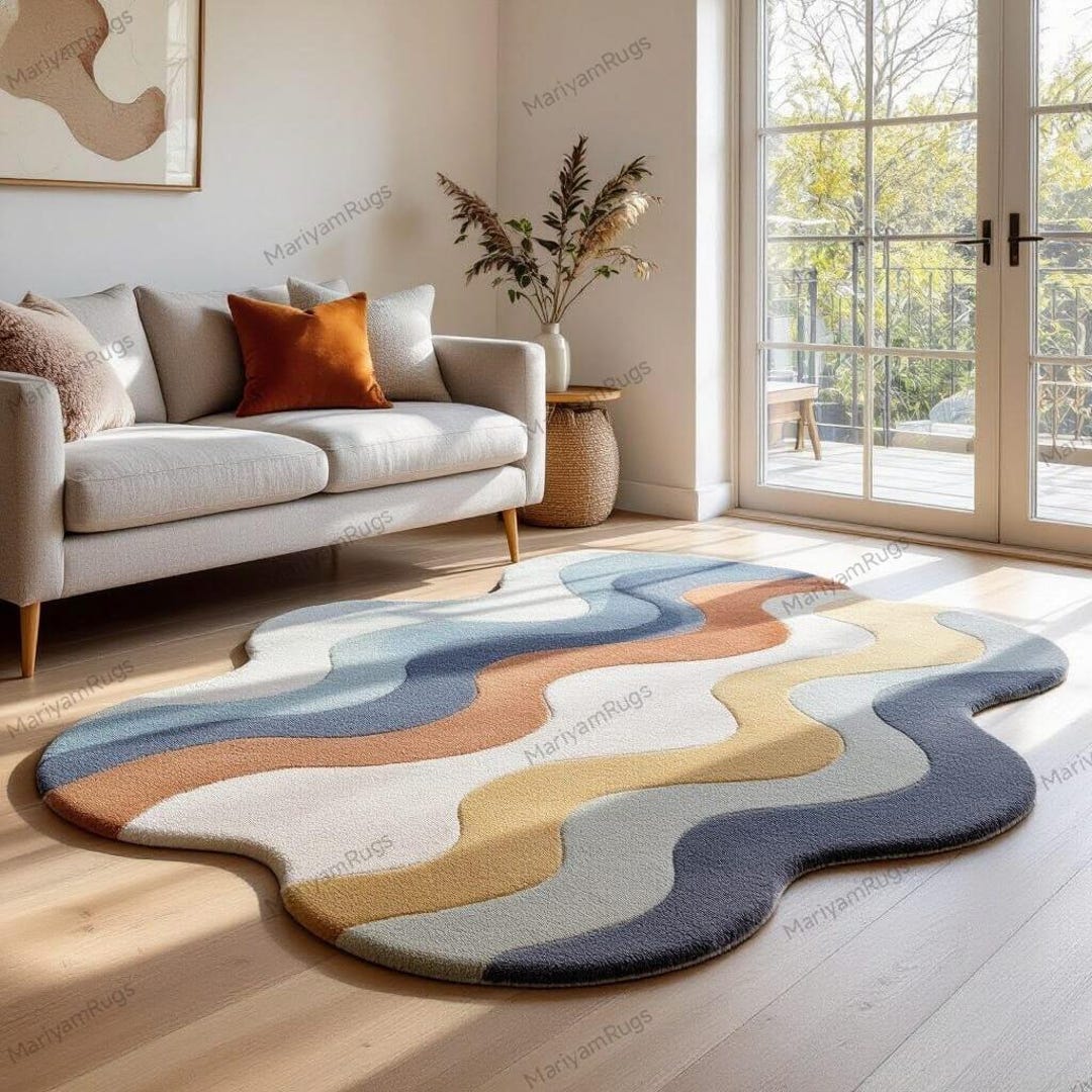 Irregular Abstract Area Rug Abstract Wavy Irregular Area Rug, Modern Scandinavian Carpet Wavy ...