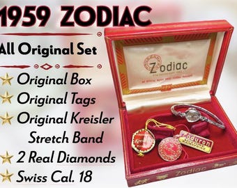 Zodiac 1959 Ladies Cocktail Watch #5313 • FULL ORIGINAL SET • Box • Tags • Original Kreisler Band • Runs Perfect • Diamonds • Swiss Cal 18