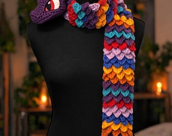 Motif écharpe écailles de dragon avec motif tête de dragon au crochet, écharpe dragon point crocodile, écharpe dragon fantaisie PDF