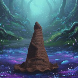 Peut inclure: Un chapeau de sorci&egrave;re marron crochet&eacute; avec un large bord. Le chapeau est en forme de c&ocirc;ne et se trouve dans une sc&egrave;ne de for&ecirc;t fantaisiste avec des fleurs et des arbres violets et bleus.