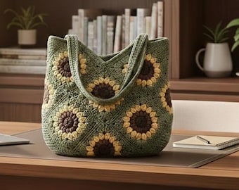 Modèle de sac fourre-tout carré grand-mère tournesol PDF | Sac de marché au crochet | Sac au crochet adapté aux débutants