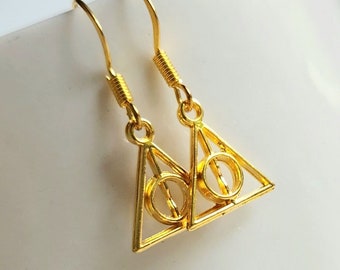 Deathly hallows gold drop earrings, Harry Potter, Potter head gift, under 10,