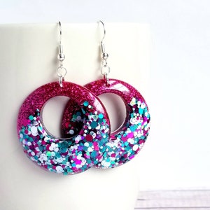 Pink glitter hoop earrings, resin jewelry, pink hoops, retro jewelry, colorful jewelry, gift for her, under 20