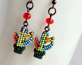 Colorful cactus drop earrings, dangle, hippie jewelry, boho style, bohemian jewelry, gift for women, under 20