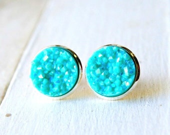 druzy stud earrings, aqua blue, boho jewelry, blue druzy post earrings, gift for her, under 10