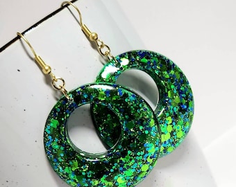 Shamrock green resin hoop earrings, glitter earrings, st Patrick's day, green earrings, resin earrings, gift for her, sparkle earrings