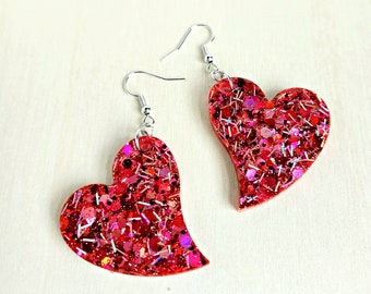 Sparkling heart drop earrings, resin earrings, galentines day, resin jewelry, glitter jewelry, gift for girls, red earrings