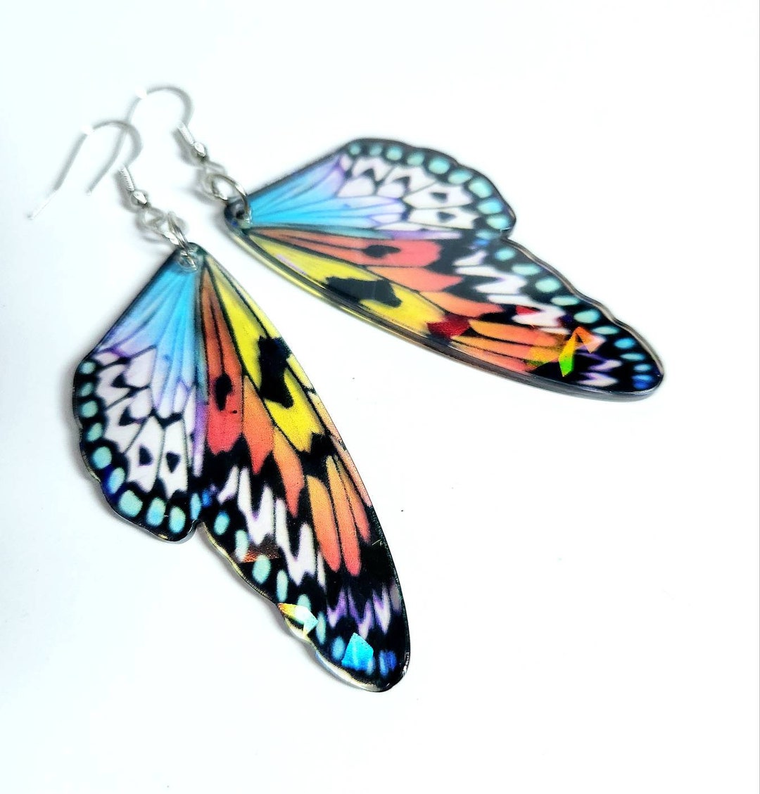 Butterfly Wing Drop Earrings, Holographic Earrings, Boho Jewelry