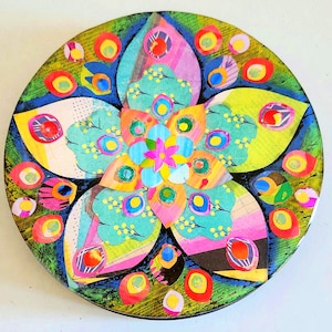 collage mandala, mixed media, resin art, paper art, hex sign, shelf sitter, home decor, boho decor, gift for her, under 20,