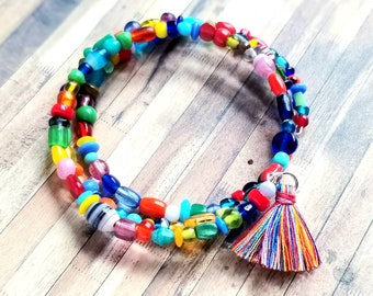 Beaded bracelet, memory wire bracelet, colorful jewelry, wrap bracelet, bohemian jewelry, gift for women, under 20