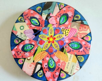 Mixed media folk art flower, mandala, hex, eclectic decor, resin art