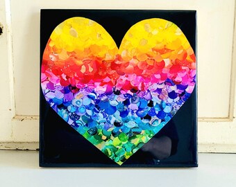 Happy Heart alcohol ink collage, resin art, wall decor, wood panel, colorful decor, wall art, home gift,