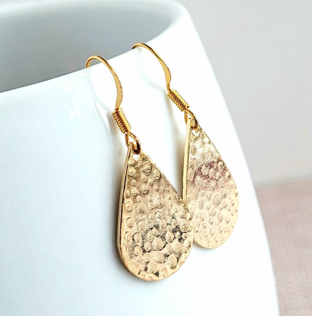 Hammered Gold Drop Earrings, Dangle, Gold Teardrop Earrings, Gift for ...