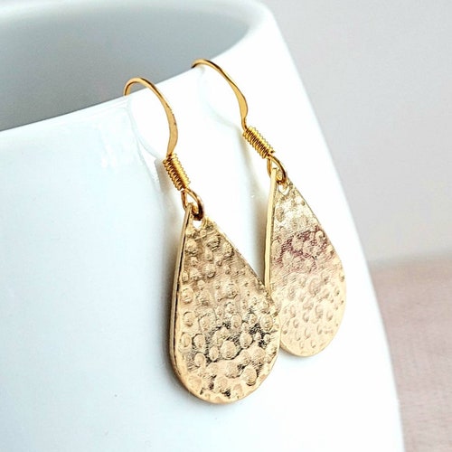 hammered-gold-drop-earrings-dangle-gold-teardrop-earrings-etsy