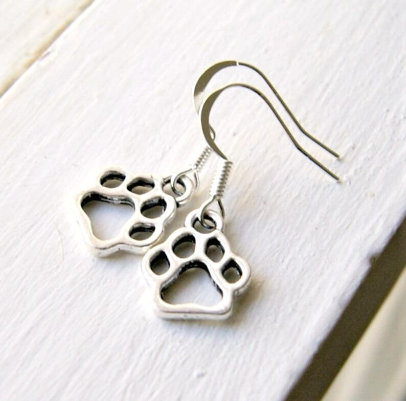 paw print earrings, drop dangle earrings, tiny paw jewelry, silver earrings, gift for her, charity, charitable gift image 1