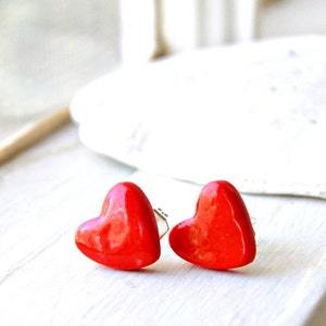 heart earrings, red polymer clay, stud earrings, post earrings, gift for her, love gift