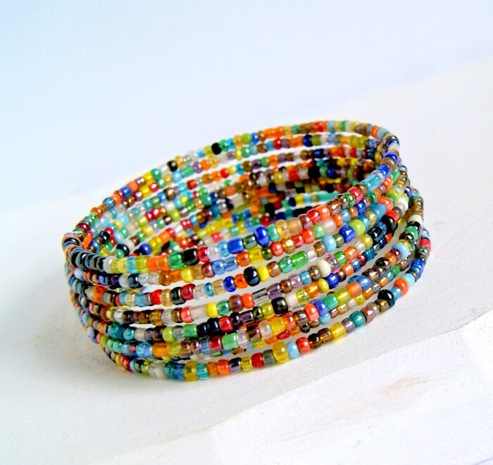 Multi Colored Tiny Beads 7 Rows Memory Wire Criss Cross Bracelet