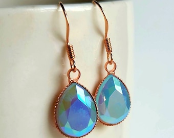 Opalescent blue and rose gold teardrop earrings, drop earrings, gift ideas, lightweight earrings, gift for her, teen gift