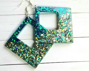 Sparkle drop earrings, dangle, resin earrings, glitter jewelry, green earrings, gift for her, under 20, gift for women