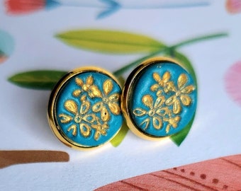 Gold and teal flower stud earrings, gold studs, teal earrings, gift for her, colorful jewelry, Christmas gifts