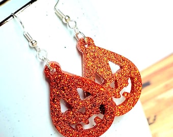Jack o lantern glitter drop earrings, halloween earrings, resin jewelry, orange earrings, pumpkin