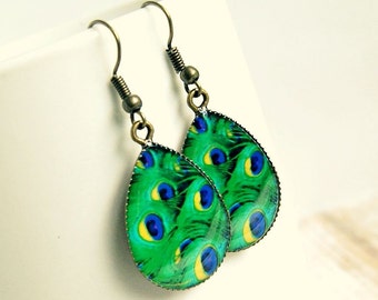 drop earrings, dangle, peacock earrings, green earrings, bohemian jewelry, under 15, gift for women, gift for her
