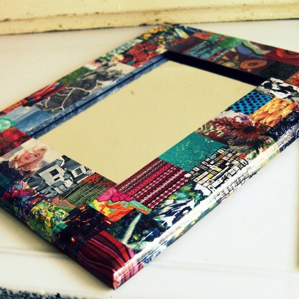 eclectic upcycled magazine decoupage framed mirror