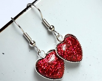 Glitter heart resin drop earrings, heart earrings, sparkle earrings, gift for her, under 10, red sparkles