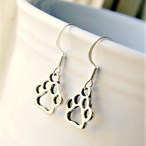 paw print earrings, drop dangle earrings, tiny paw jewelry, silver earrings, gift for her, charity, charitable gift image 2