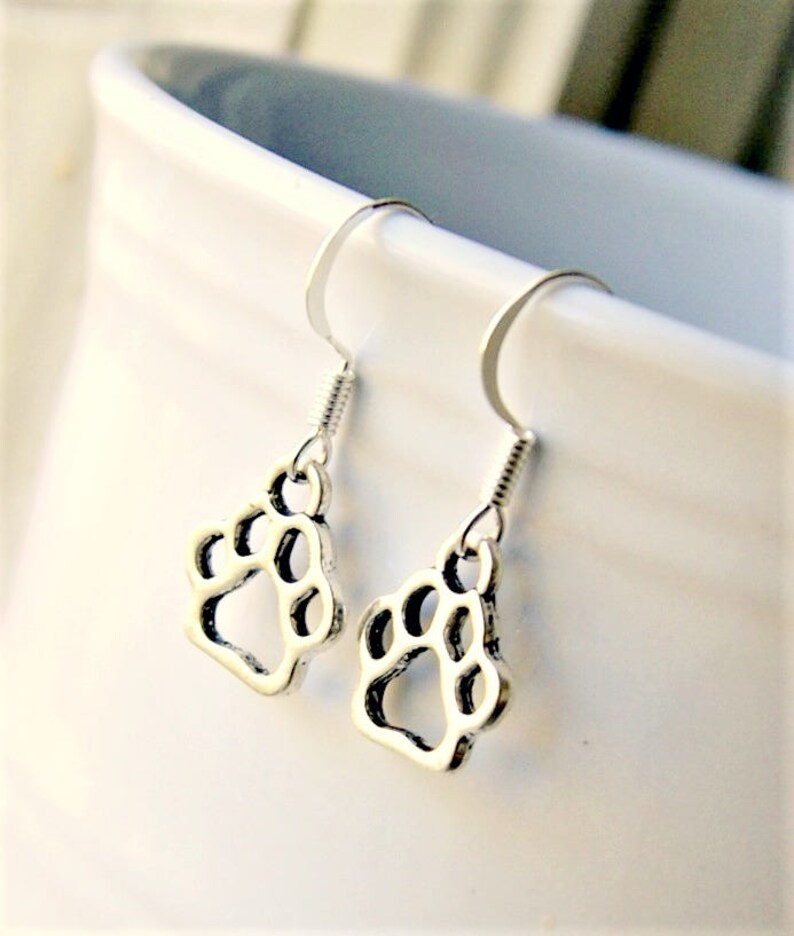 paw print earrings, drop dangle earrings, tiny paw jewelry, silver earrings, gift for her, charity, charitable gift image 2